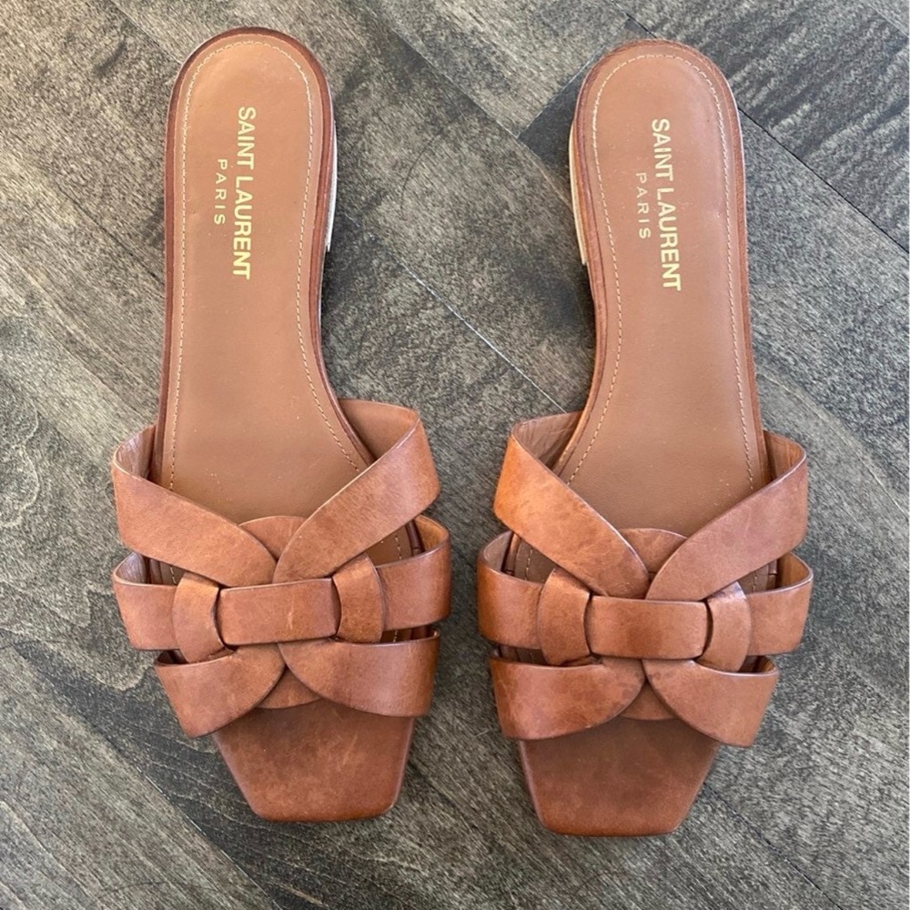 Saint Laurent Ambra/Tan/Camel/Cognac Tribute Nu Pieds Slides Size 38